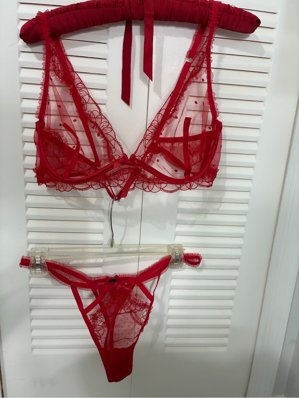 Victoria's Secret Red Sheer Lace Bralette & Thong Set